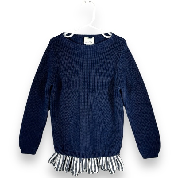 Crewcuts Girls Scoop Neck Shaker Knit Sweater w/Striped Ruffle, Navy/White, 14 - Picture 1 of 9